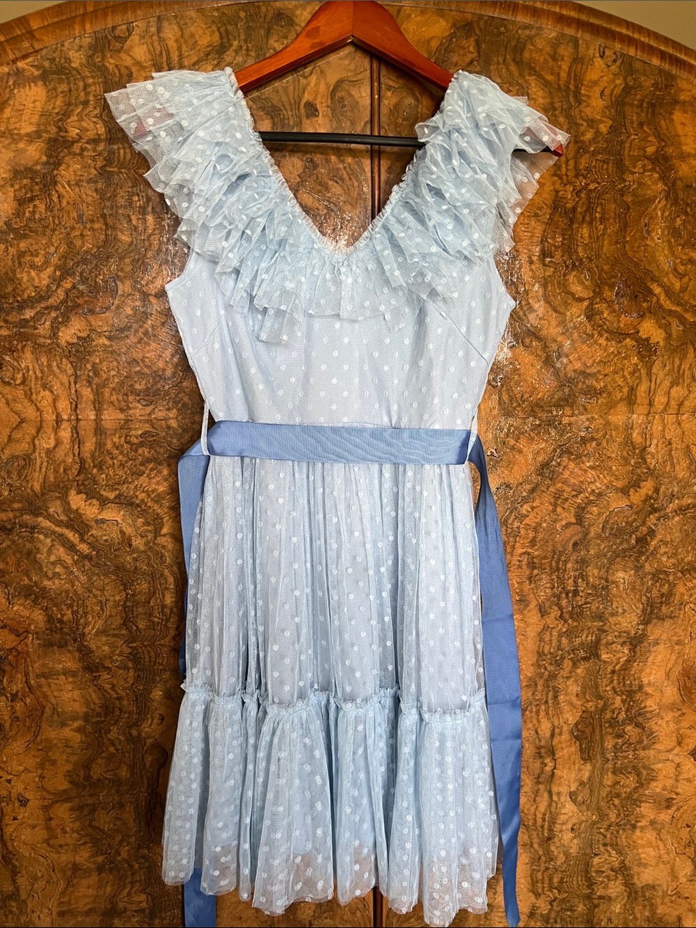 Simplee Apparel Light Blue Swiss-Dot Ruffle Midi Dress with Blue Sash